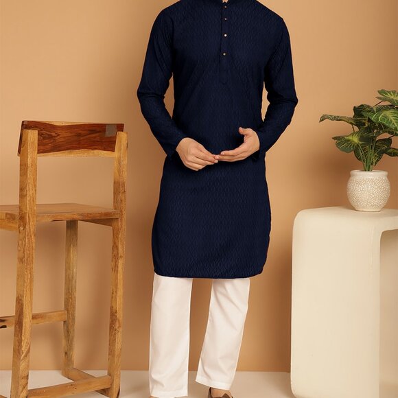 Men's Cotton Chikankari Navy Blue  Regular Fit Kurta Pyjama Set - Picture 1 of 7